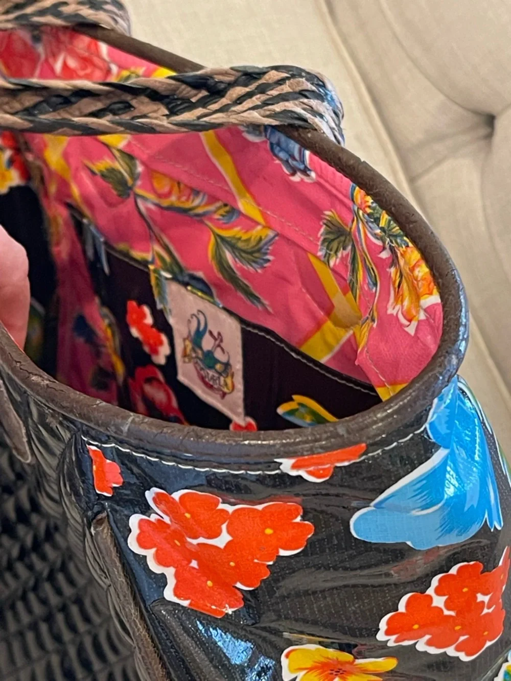 Consuela Classic Tote black patent quilted shiny floral colorful braided leather - Picture 10 of 14